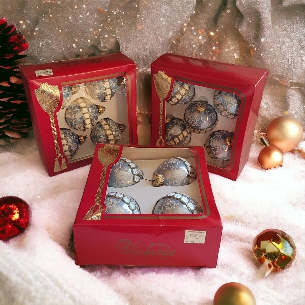 Victoria Collection Glass Christmas Ornaments Brocade Ribbon Bundle Lot